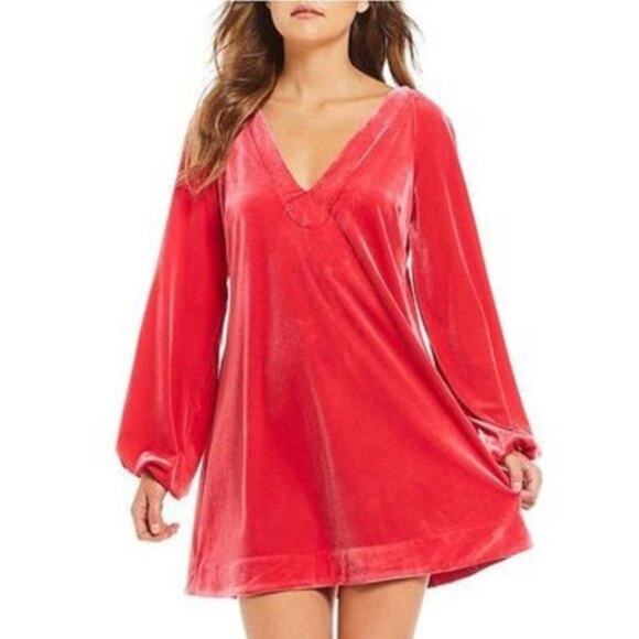 Free‎ People Misha Velvet Mini Long Sleeve Tie Back Dress in Red Pink Size S - Picture 11 of 11